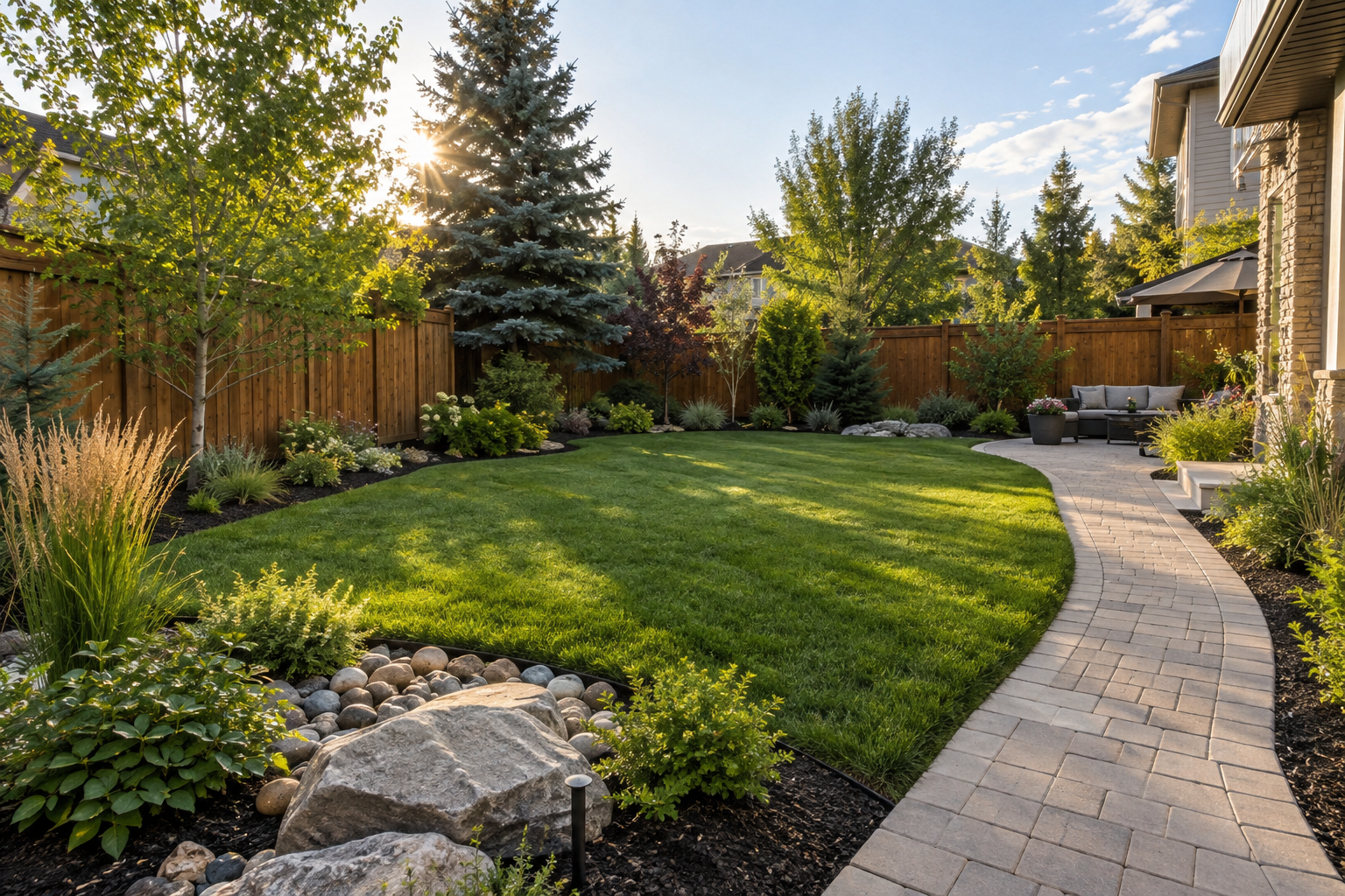 Illustrative backyard with a sweeping paver path, green lawn and planted borders